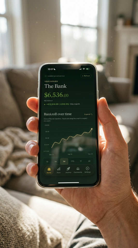 Player holding phone displaying Bankroll Board bankroll tracking application
