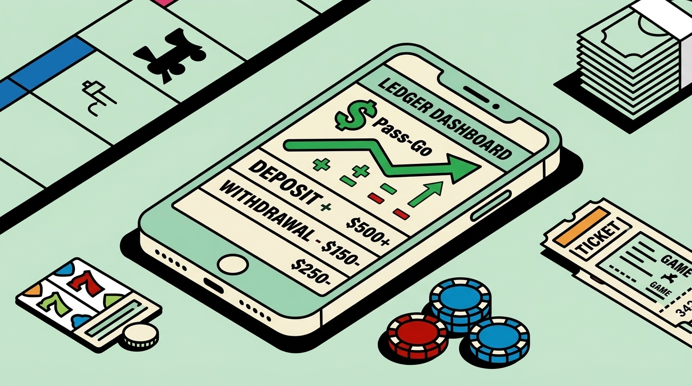 Illustration of a phone showing a gambling tracker ledger with deposits, withdrawals and a profit line, next to casino chips, a slot reel and a bet ticket