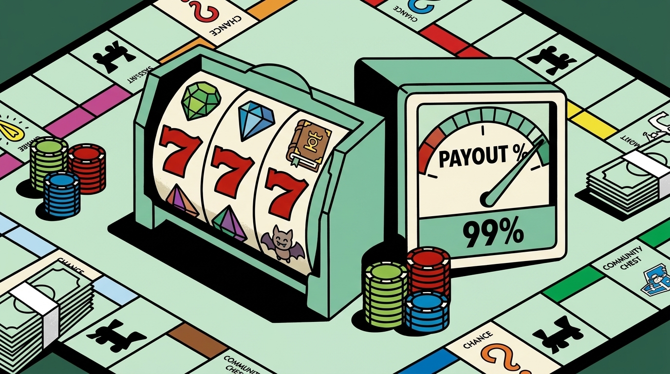 Illustration of a classic slot machine reel showing lucky 7s, gemstones, spellbook and vampire bat next to a 99% payout meter on a board-game tabletop
