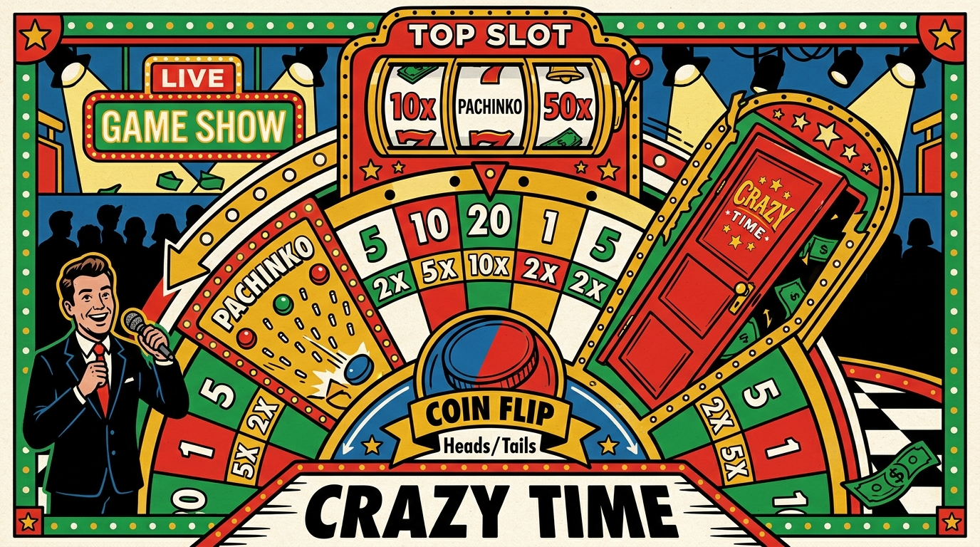 Live casino game show set with 54-segment spinning wheel, Top Slot multiplier reels, Pachinko board, and Crazy Time red door