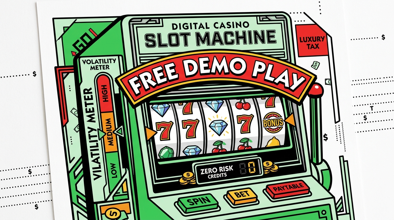 Digital slot machine screen displaying official studio demo mode with play-money balance, scatter bonus triggers, and volatility meter