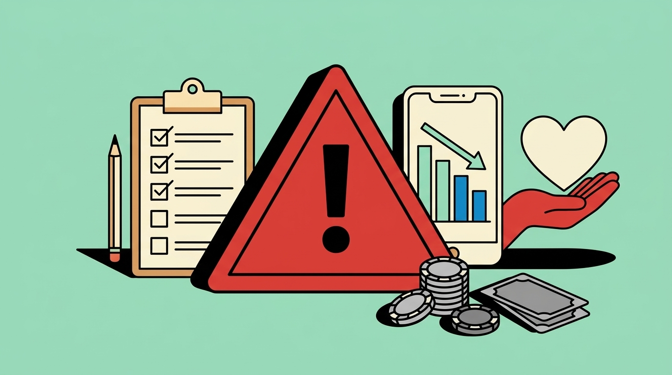 Illustration of a red warning sign next to a checklist, a phone showing a declining chart and a helping hand holding a heart