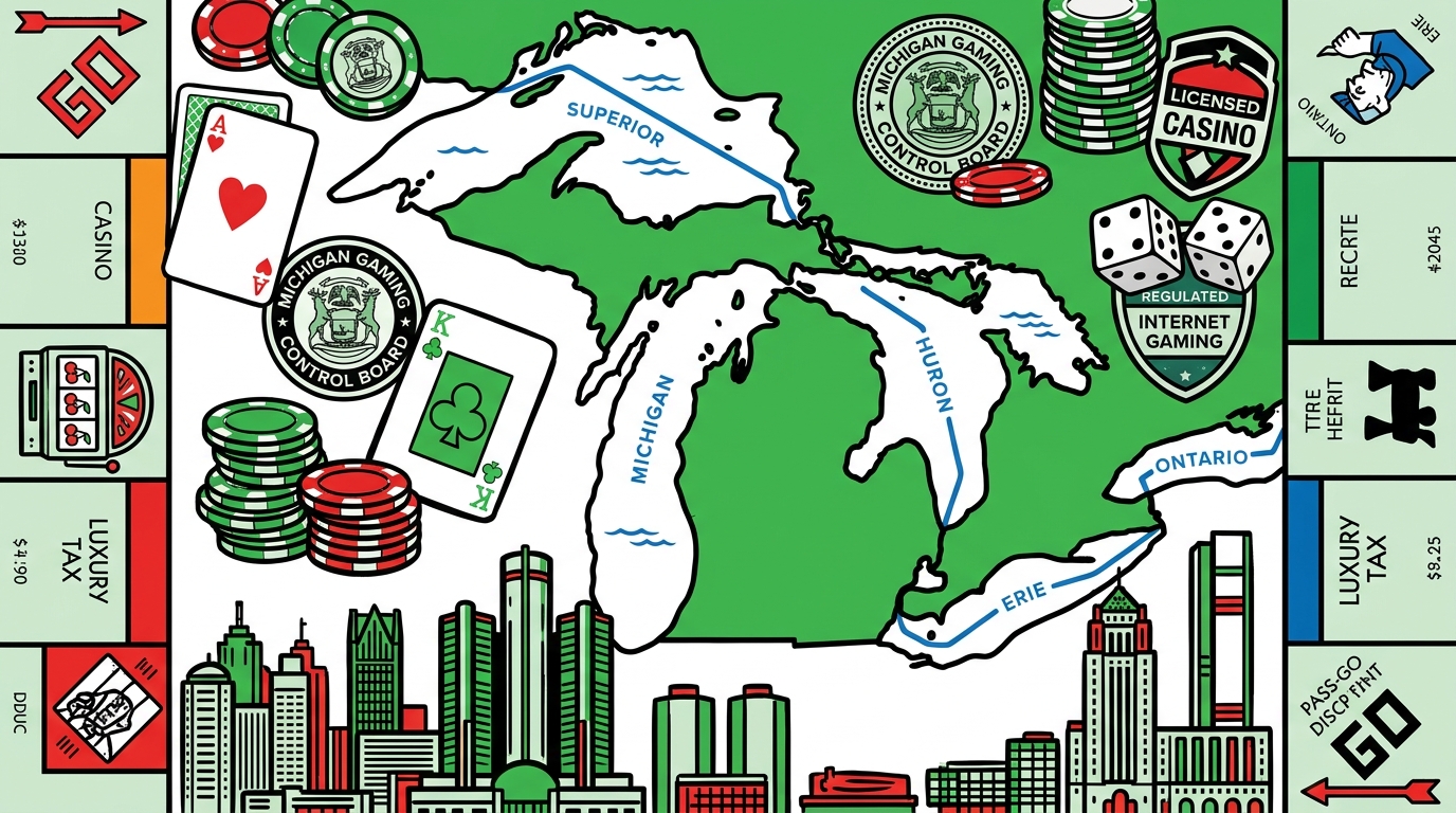 Michigan state map surrounded by licensed online casino chips, MGCB regulatory badge, Detroit skyline, and legal playing cards