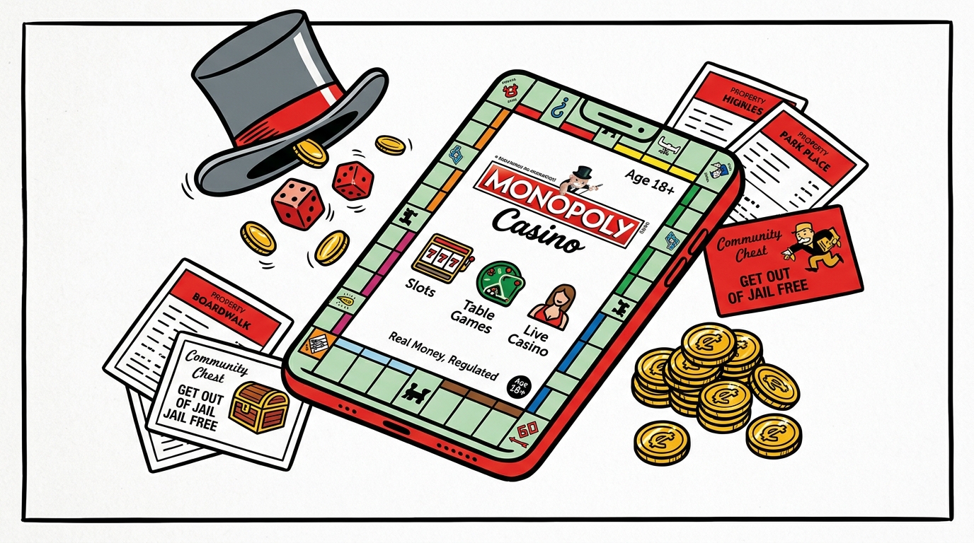 Smartphone screen showing MONOPOLY Casino real money app with top hat, rolling red dice, property cards, and gold tokens