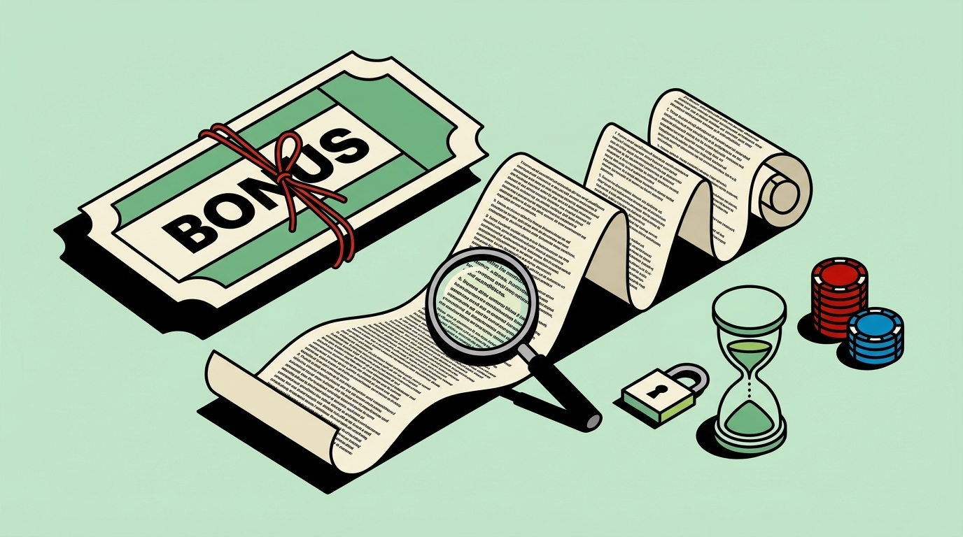 Illustration of a bonus coupon tied to a long fine-print terms scroll under a magnifying glass, with an hourglass, padlock and casino chips