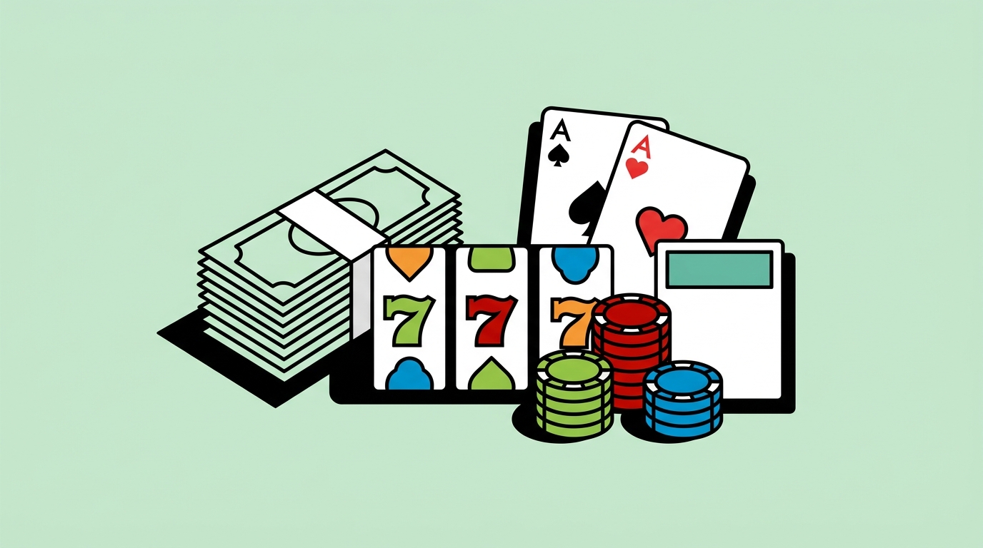 Illustration of a stack of cash, slot reels, playing cards and casino chips for a guide to online casino signup bonuses