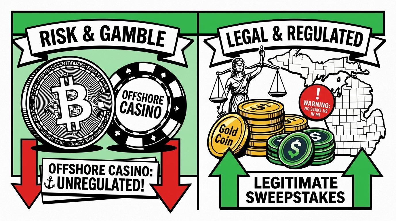Split illustration comparing offshore Bitcoin crypto casino chips on the left with legal sweepstakes Gold Coins and Michigan regulatory warning on the right