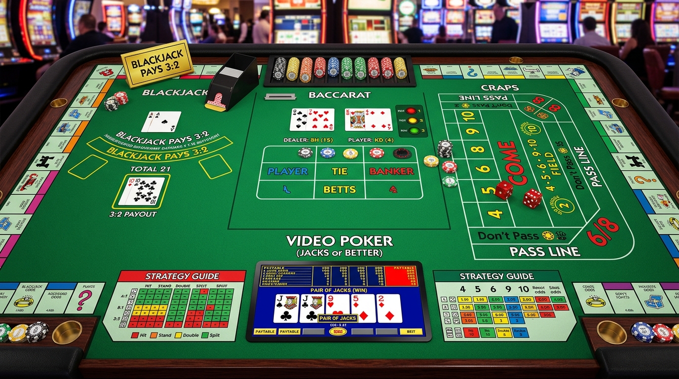 Casino table felt showing 3:2 blackjack cards, baccarat tableau, craps dice, Jacks or Better video poker, and mathematical house edge charts